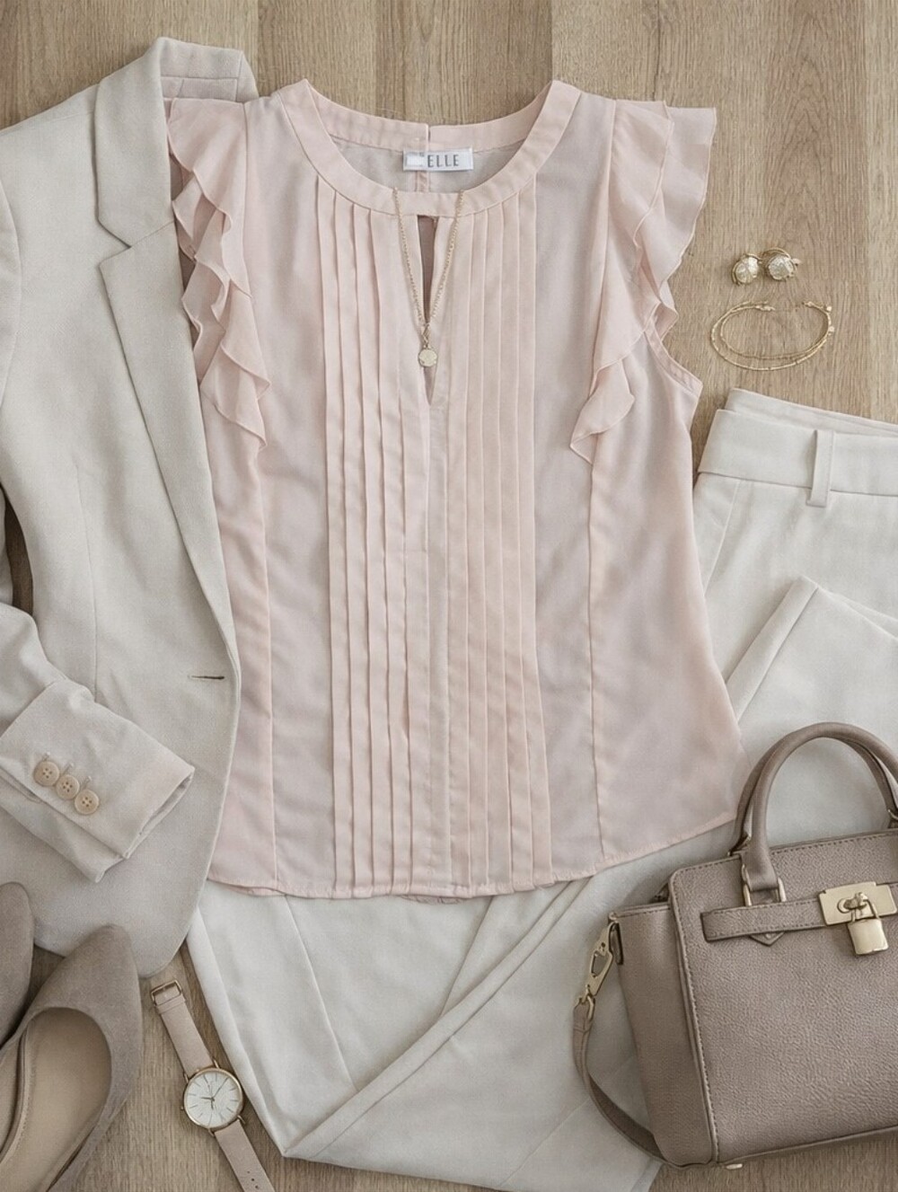 Elle Blush Pink Pleated Ruffle Sleeve Blouse Keyhole Top L